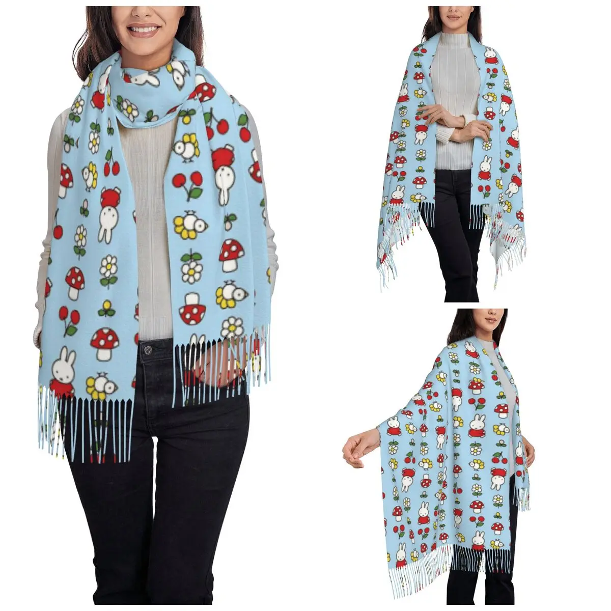 Cute Cartoon Miffyy Scarf for Women Warm Winter Pashmina Shawls and Wrap Long Scarves with Tassel Daily Wear