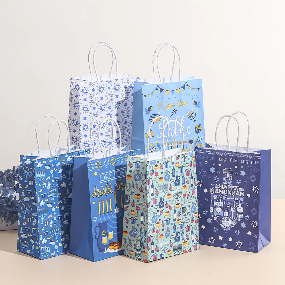 6pcs Hanukkah Theme Party Gifts Packing Bags Candle Paper Candy Shopping Bags for Chanukah Birthday Wedding Party Decoration