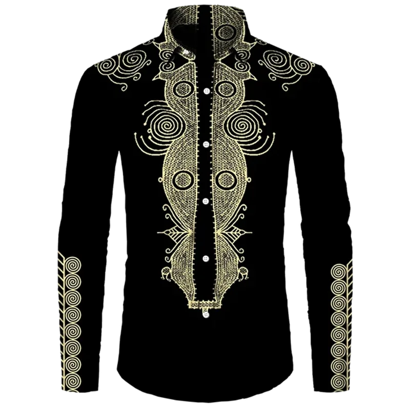 Colorful African Pattern Hawaiian Shirts For Men Retro Ethnic 3D Printed Blouse Casual Loose Aloha Shirts Long Sleeves Tops