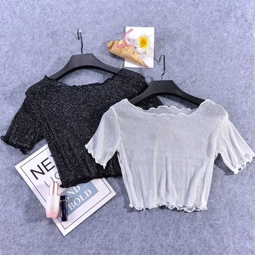 New Navel Exposed Short Base Shirt Half Cut Fresh Mesh Clothing Sweet Bright Silk Lining Top