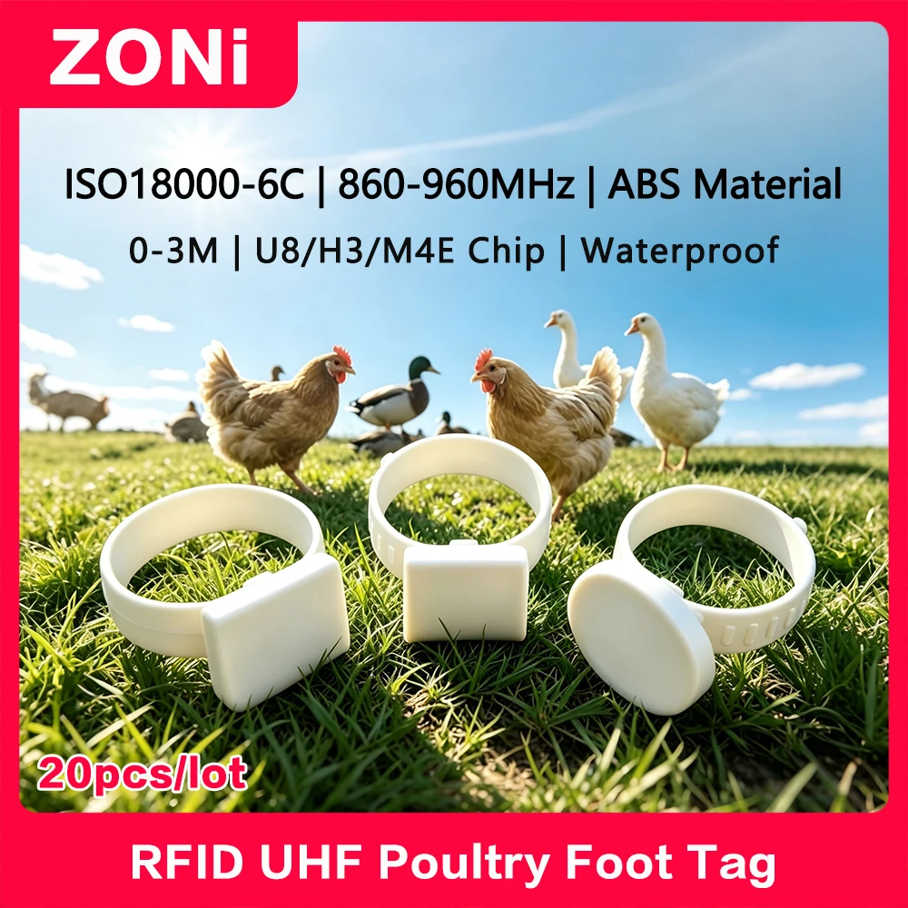 Passive RFID UHF ABS Poultry Foot Tags Long-Range Electronic Poultry Leg Rings 860-960MHz H3/M4E Chip Livestock Foot Ring 20PCS