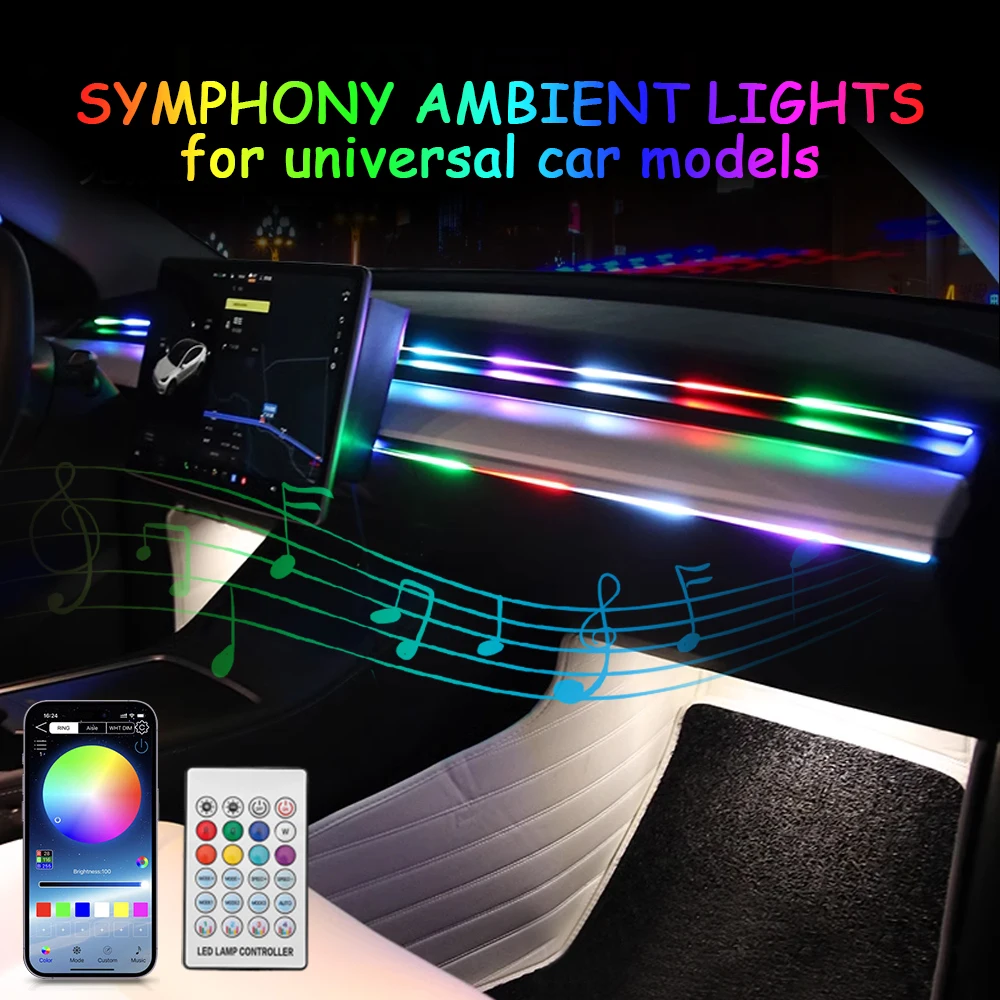 Car LED Ambient Lights USB Symphony Acrylic Strips 110cm Full Colors RGB Auto Interior Hidden App Remote Control Atmosphere Lamp