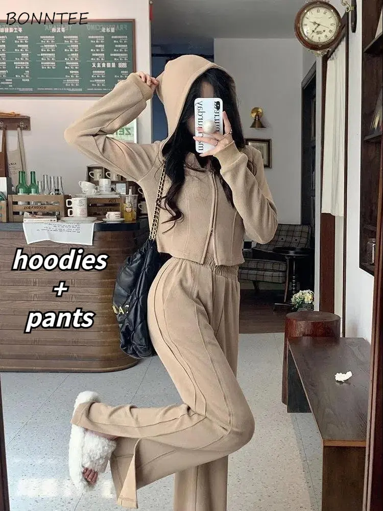 Sets Women Hooded Trendy Solid High Street All-match Casual Pants Autumn Hoodies Mujer Slim Student Cropped Minimalist Outfits