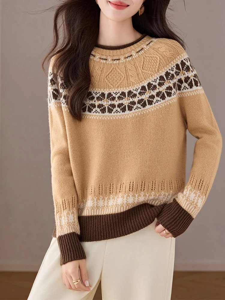 Birdtree, 100% schapenwol gebreide trui, dames retro jacquard warmte tops, o-hals volledige mouw, 2025 herfst/winter trui T5N304JF