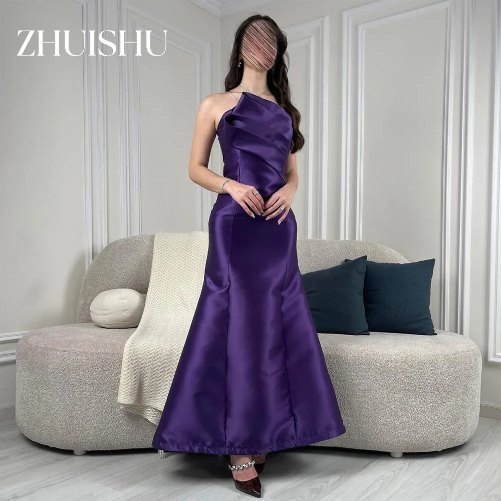 ZHUISHU Purple Satin Saudi Evening Dresses Women Semi-Mermaid Strapless Formal Event Dress Customized Party Gown Ankle-Length