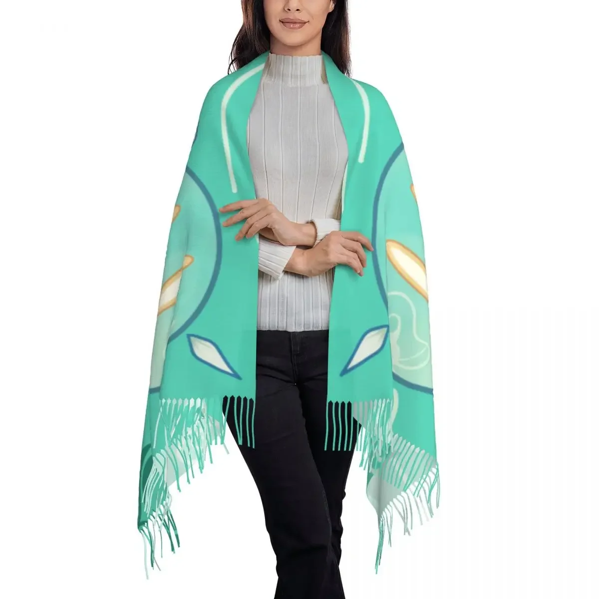 Stylish Anemo Slime Genshin Impact Tassel Scarf Women Winter Fall Warm Shawl Wrap Ladies Anime Game Scarves