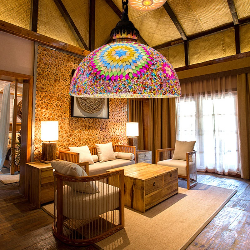 

Vintage Türkiye Handmade Chandelier Cafe Restaurant Bar Club Aisle Entrance Single Head Glass Mosaic Decorative Pendant Lamp