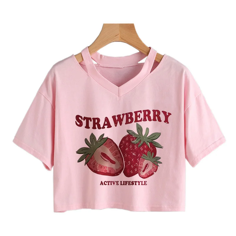Damen Erdbeer-Print Y2k Crop Tops Grafik Kurzarm V-Ausschnitt Cropped T-Shirt 90er Vintage T-Shirt Damen Sommer Sexy T-Shirt