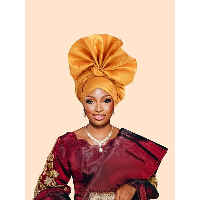 Hot African Female Turban Cap Women's Autogele Headtie Nigeria Raw Silk Fan Yellow Wedding Party Head Wraps Headwear Turbante