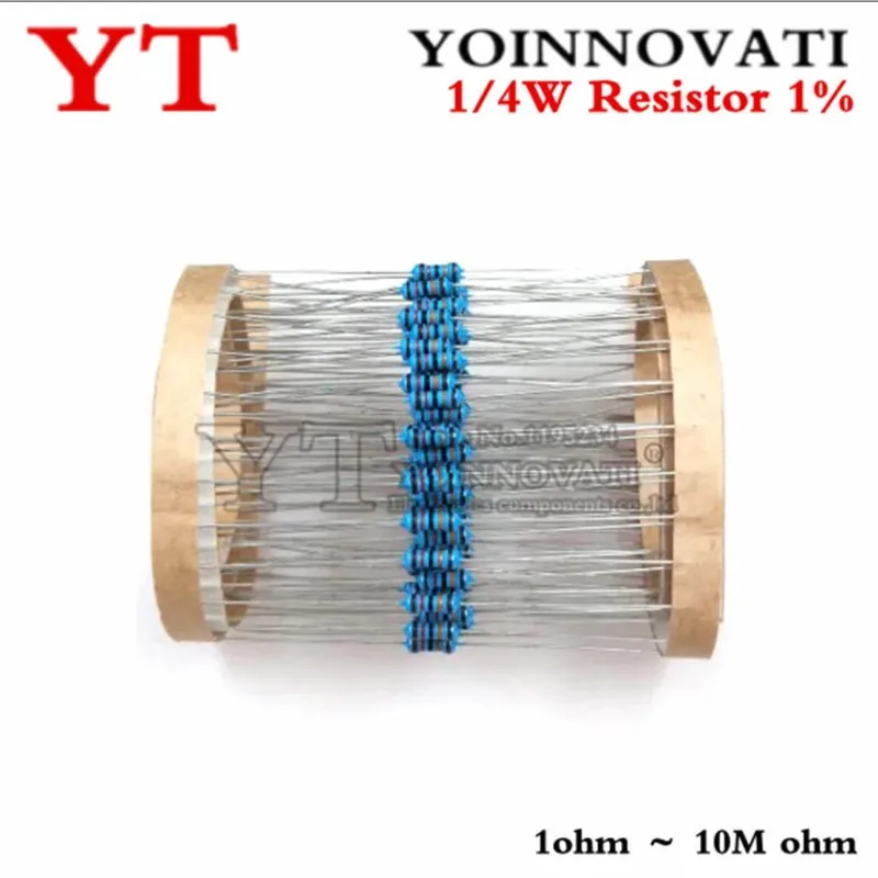 

100pcs 1/4W 1R~22M 1% Metal film resistor 100R 220R 1K 1.5K 2.2K 4.7K 10K 22K 47K 100K 100 220 1K5 2K2 4K7 ohm resistance