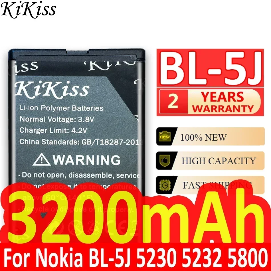 KiKiss Battery Mobile Phone 3200mAh For Nokia 5230 5233 5800 3020 XpressMusic N900 C3 Lumia 520 525 530 5900 BL-5J BL5J BL 5J