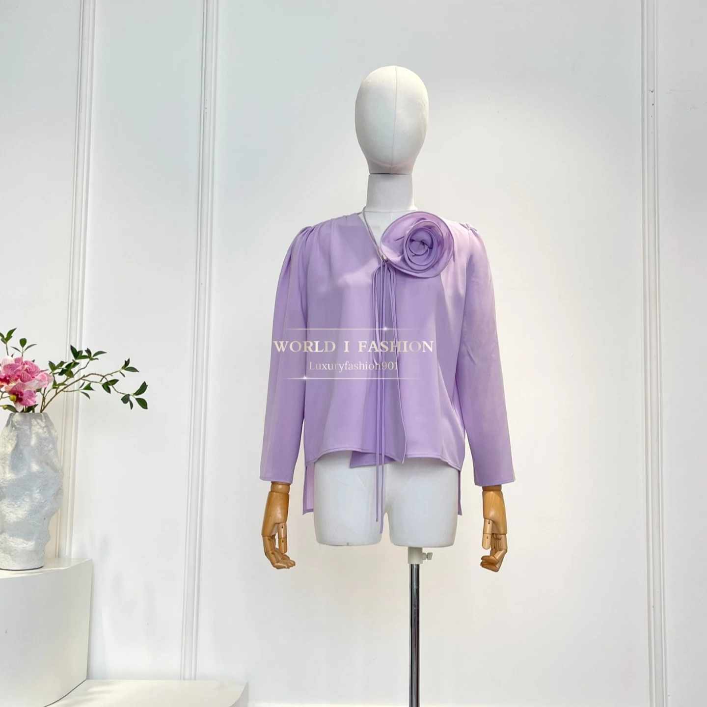 

Новое высокое качество 2025, женская фиолетовая блузка с длинным рукавом, трехмерное цветочное украшение, топы