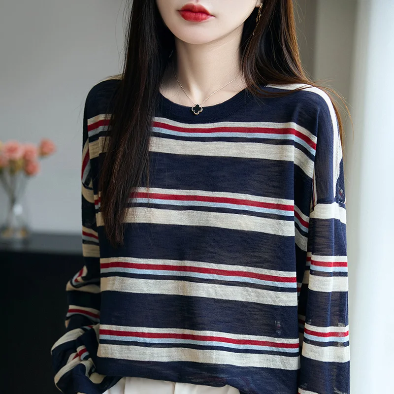 

Лето 202, новый женский пуловер с круглым вырезом и длинными рукавами, свободный модный полосатый вязаный топ, женское платье