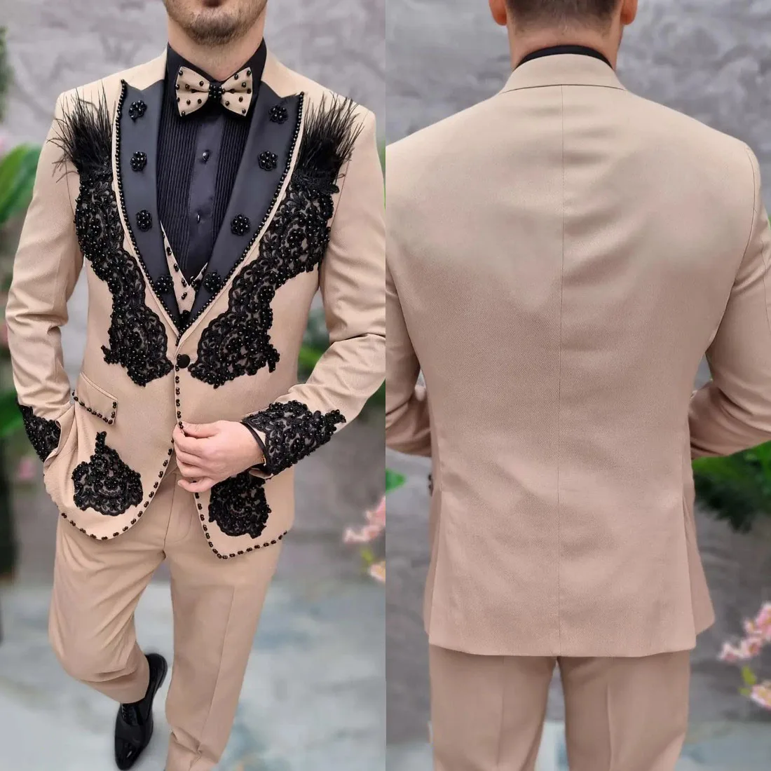 Designer Appliques Men Wedding Suits For Wedding Peaked Lapel Tuxedo Groom Wear 2 Pcs Jacket Pants Evening Party Customized