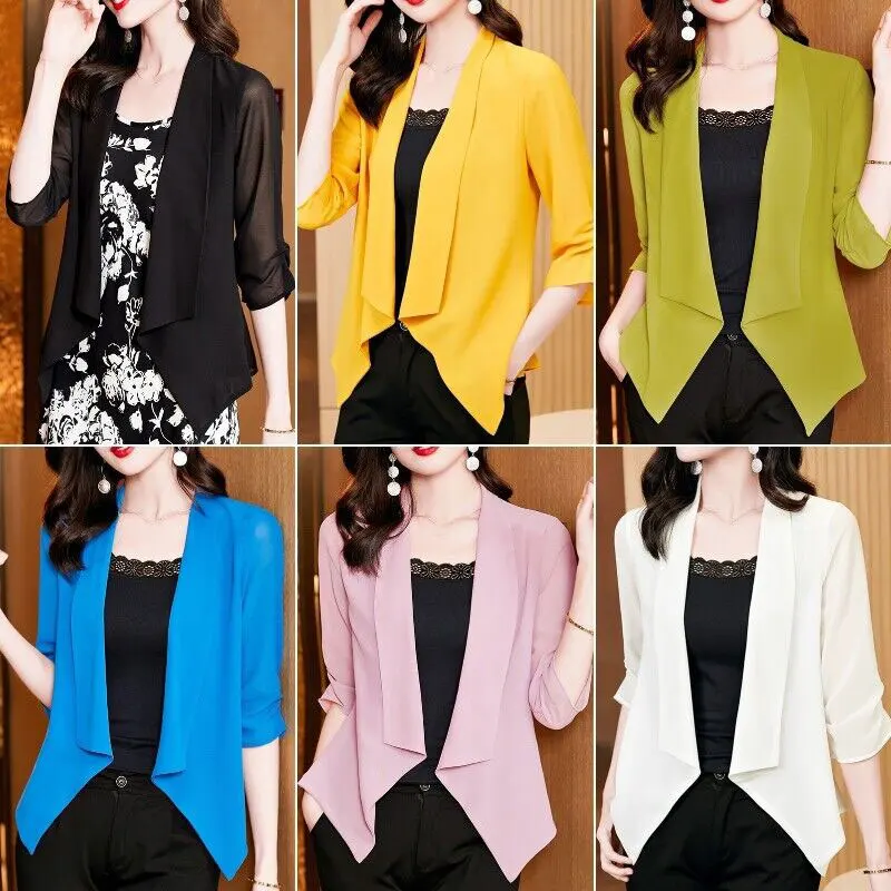 Women Temperament Chiffon Cardigans Summer Thin Tops Lady 3/4 Sleeve Blazer All-match Office Short Jackets Sun Protection Coats