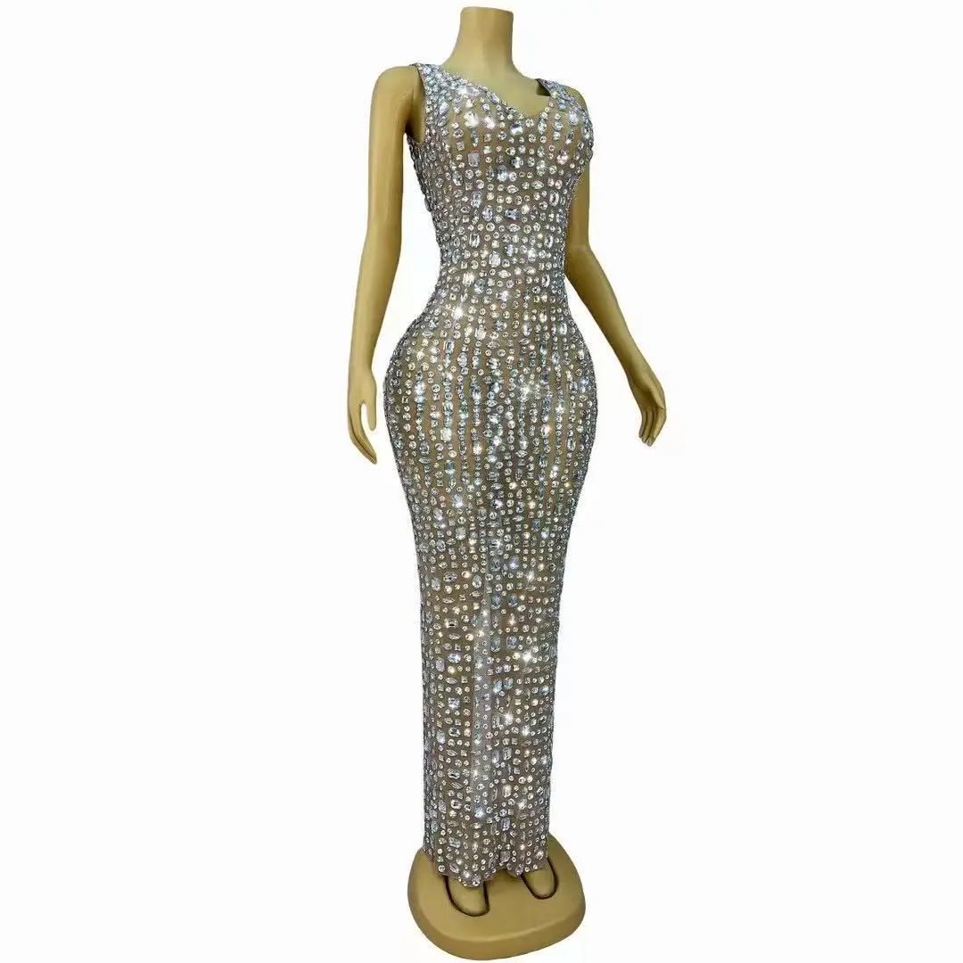 Seksowna, błyszcząca sukienka z siateczki z dżetami, na wieczór, urodziny, wesele, do świętowania, suknia na czerwony dywan, elegancka odzież sceniczna.