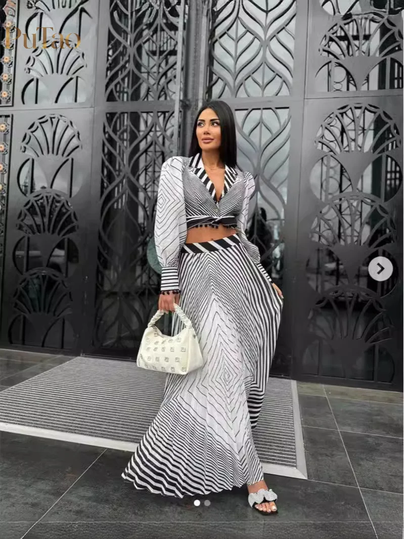 Putao Striped Two Piece Outfit Lapel Long Sleeve Crop Top High Waist Pleated Maxi Skirt Set Elegant Office Party Formal Matching