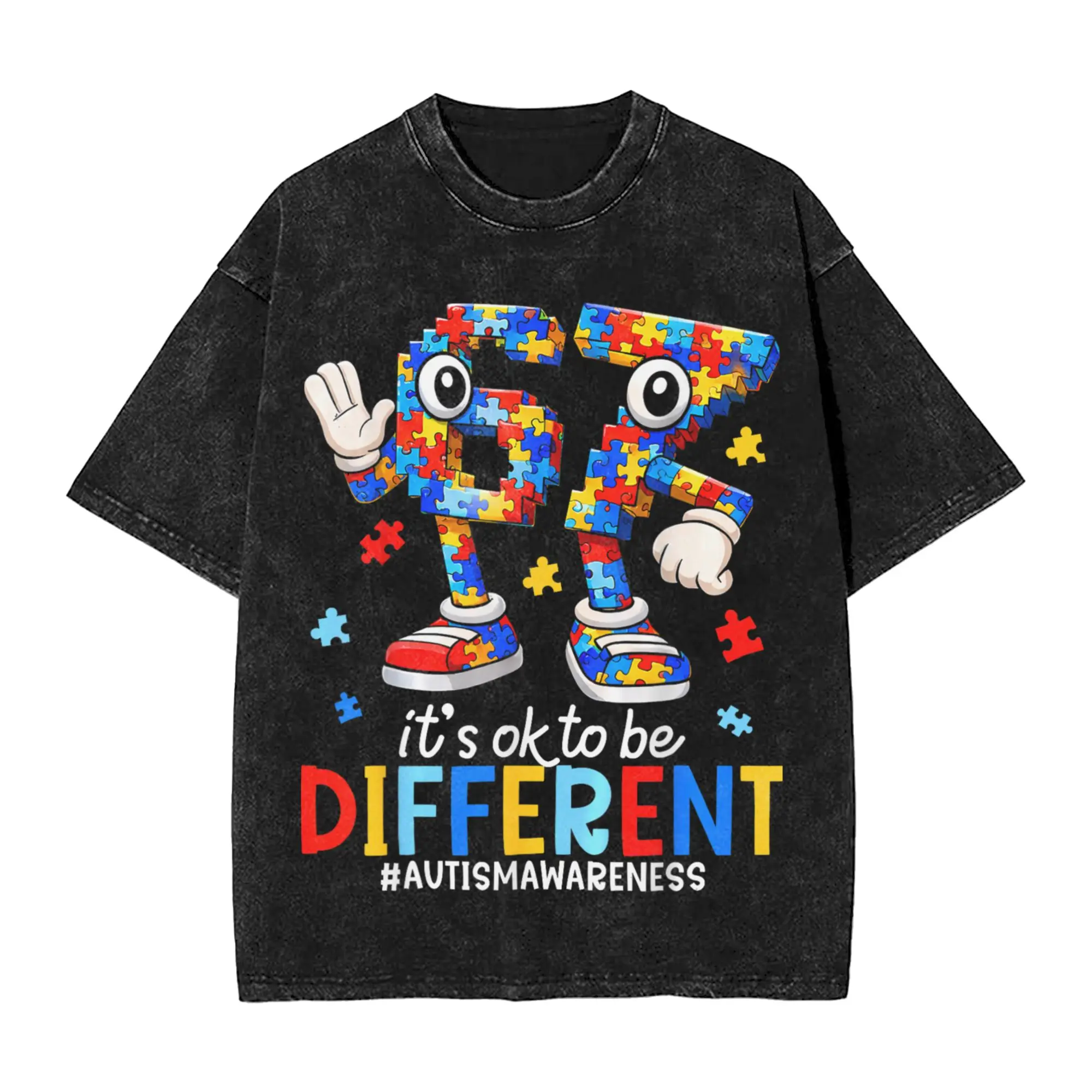 67 Autism Awareness Six Seven It's Ok to Be Different Washed T Shirts Streetwear T-Shirts Tees for Men Women Short Sleeve