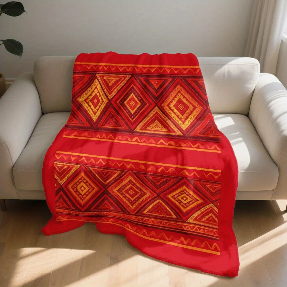 Boho Red Geometric Throw Blanket Southwest Tribal Navajo Pattern Cozy Microfiber Fleece Throw for Couch Decor Winter Gift