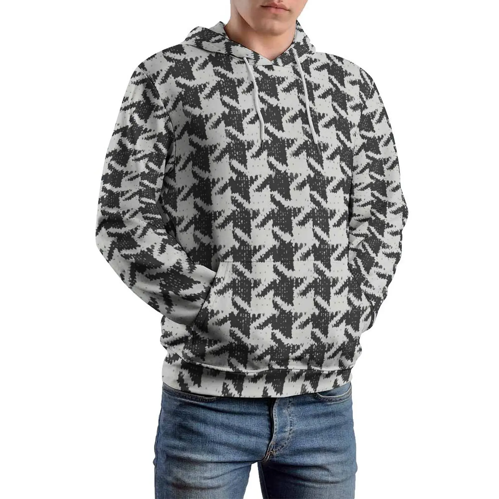 Houndstooth Casual Hoodies Geometric Print Street Style Pullover Hoodie Man Long-Sleeve Trendy Clothing Plus Size 5XL 6XL