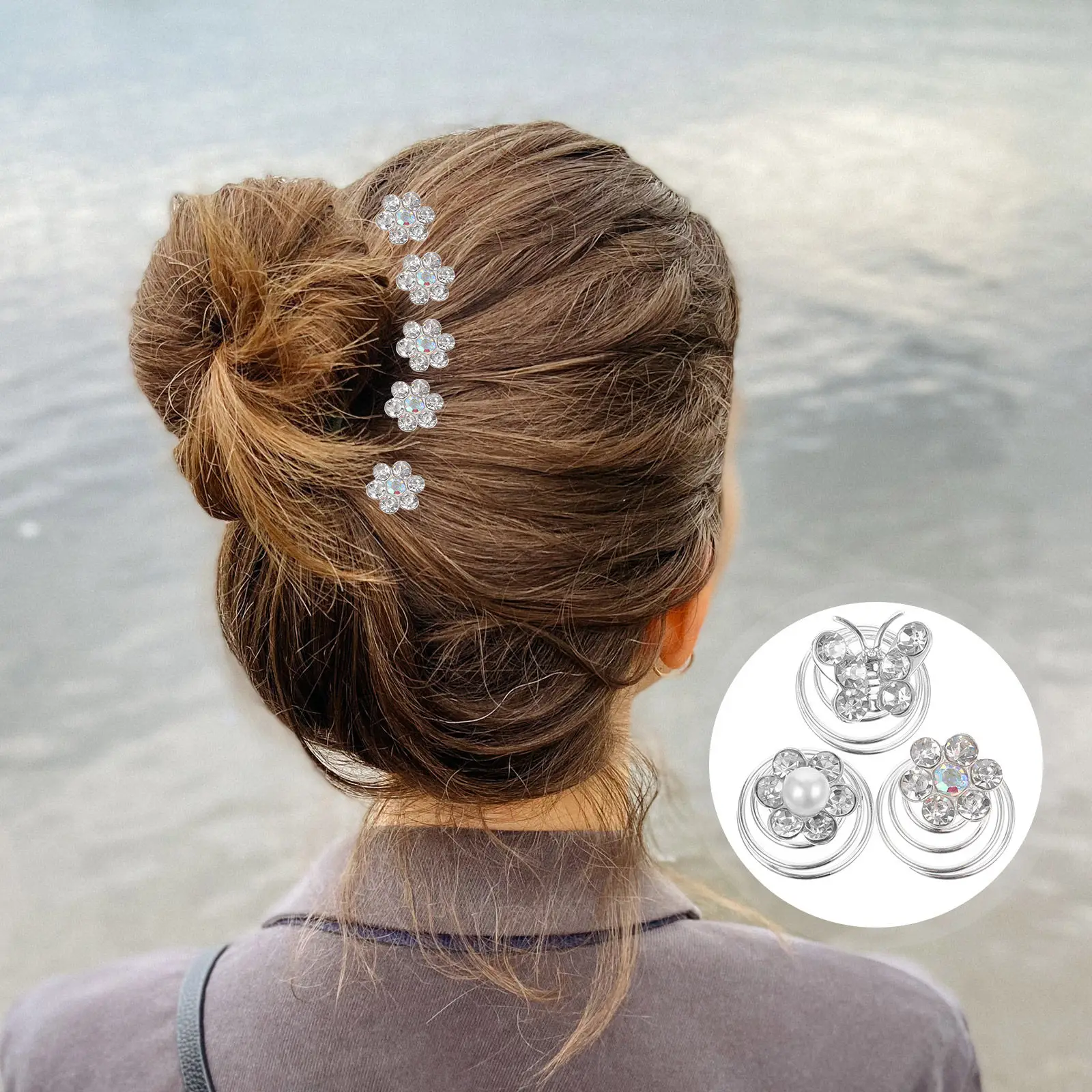 Rhinestone Spiral Pearl Hair Clips Set Flexible Alloy Pins for Women Wedding Bridal Prom Party Long Hair Styling