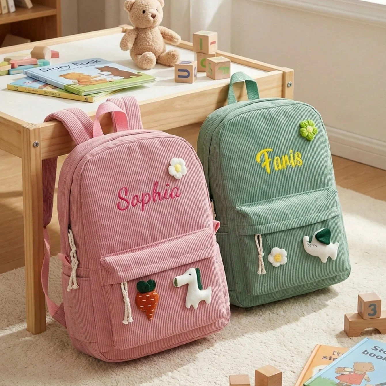 Mochila infantil de veludo cotelê com nome personalizado e bordado |   Amuleto de boneca de pelúcia, ideal para uso diário e presente