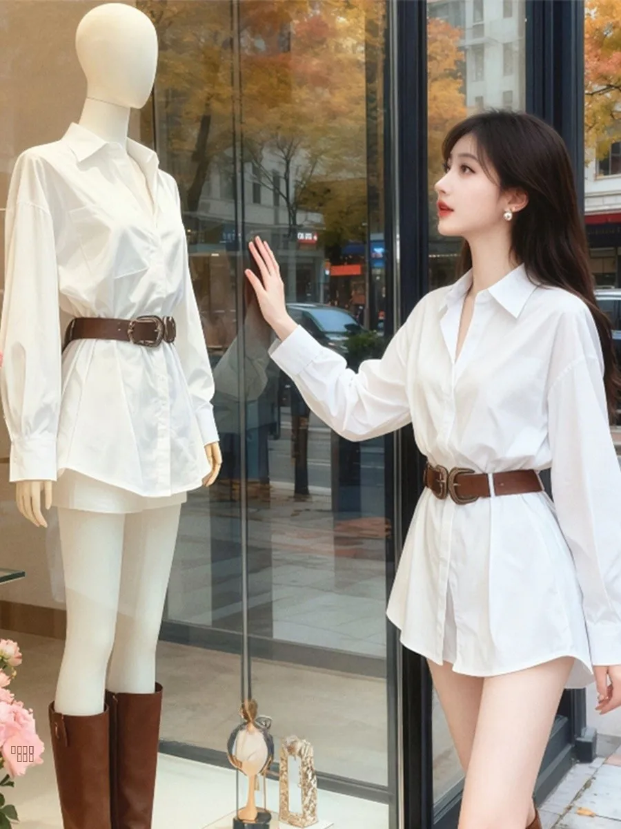 

White Collar Long Sve irt with Belt Women's Faionable Casual Sle Loose Fit Mid-Length Premium Sensation irt