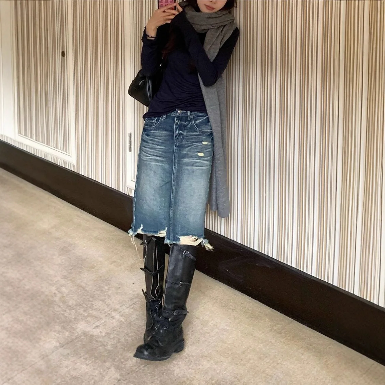 Wear Washed Medium and Long Denim Skirt Women's 2026 Early Autumn A-word Hip Skirt