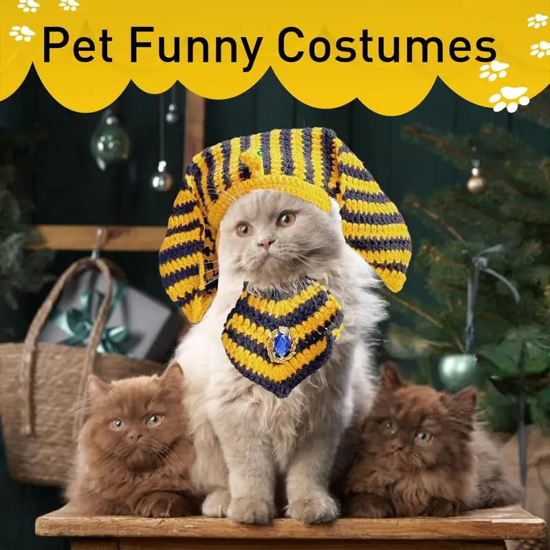 Pet cosplay ancient Egyptian pharaoh hat bib set woolen crocheted Adjustable Hat Bandana Photo Props for small and medium pets