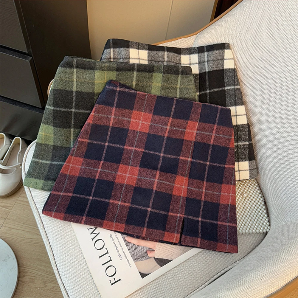 

Юбка в клетку контрастного цвета, женская зимняя корейская ретро-студентка в студенческом стиле с высокой талией, тонкая короткая юбка трапециевидной формы с разрезом и запахом на бедрах