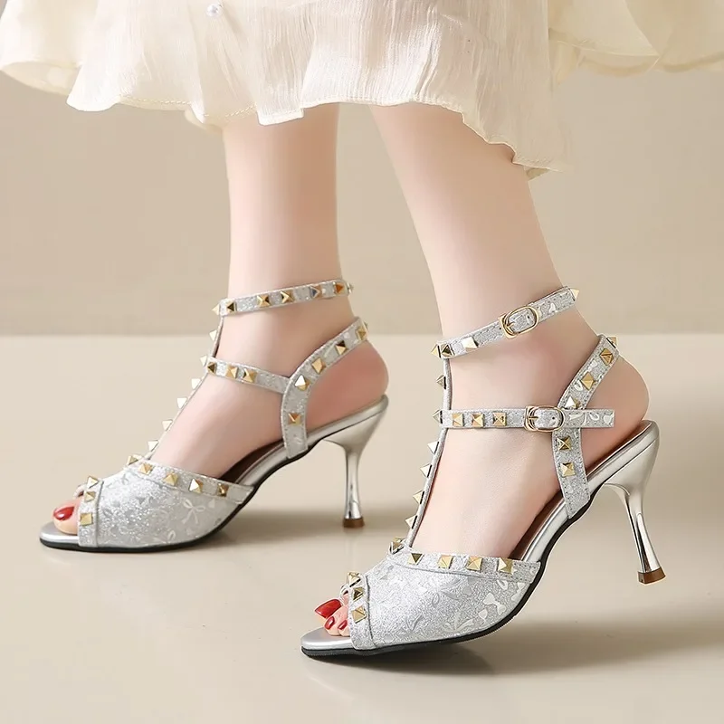 

2025 Summer Ankle-wrap Women's Modern Sandals Print Rivet Buckle Strap Dress Sandals Thin Heels Peep Toe Shoes Party Outfits