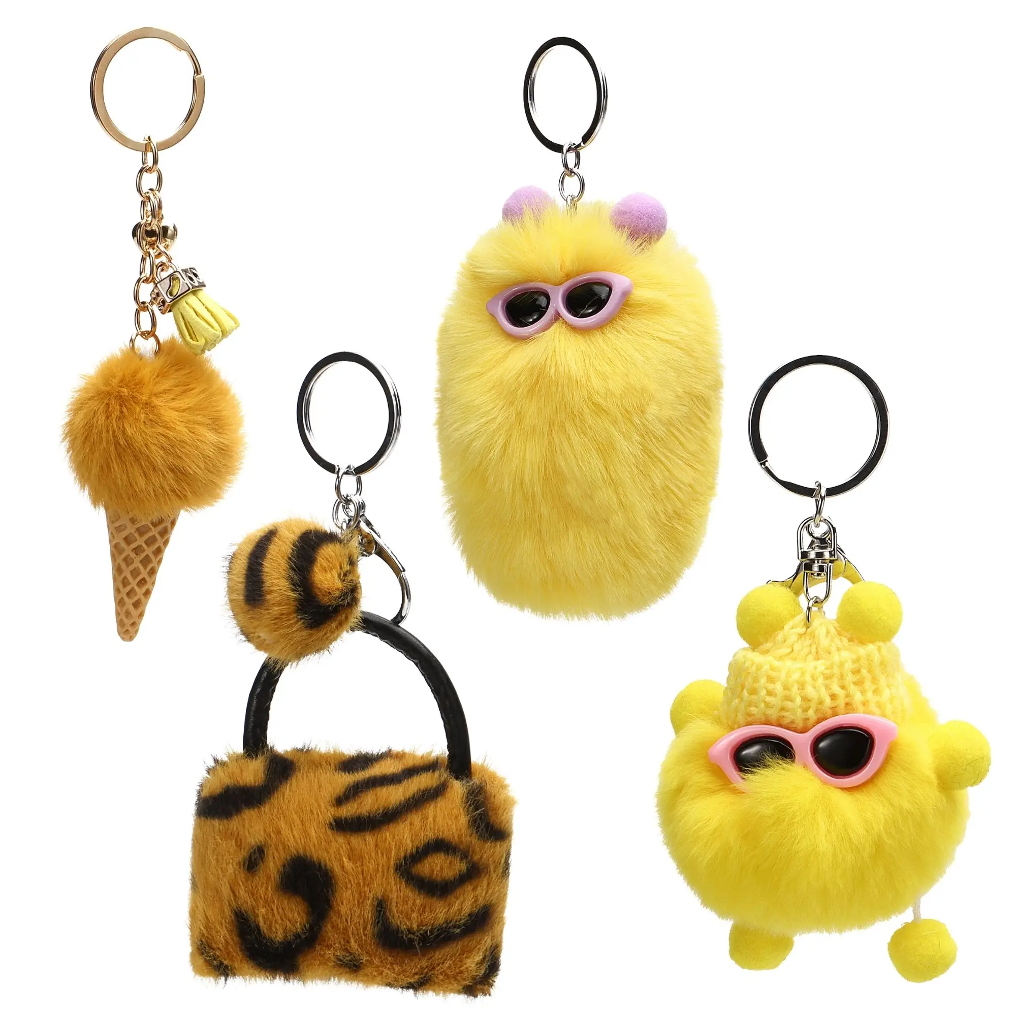 Qiiuuy 4 Pieces Cute Keychain Fluffy Faux Rabbit Fur Kawaii Keyring For Girls Womens Bag