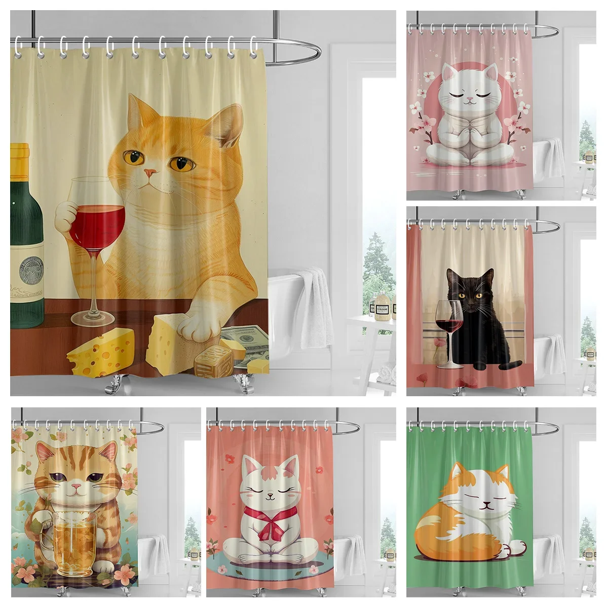 

Cat Forest Shower Curtain Waterproof Fabric Mildew Resistant Bathroom Curtain INS Wind Cute Bathroom Curtains