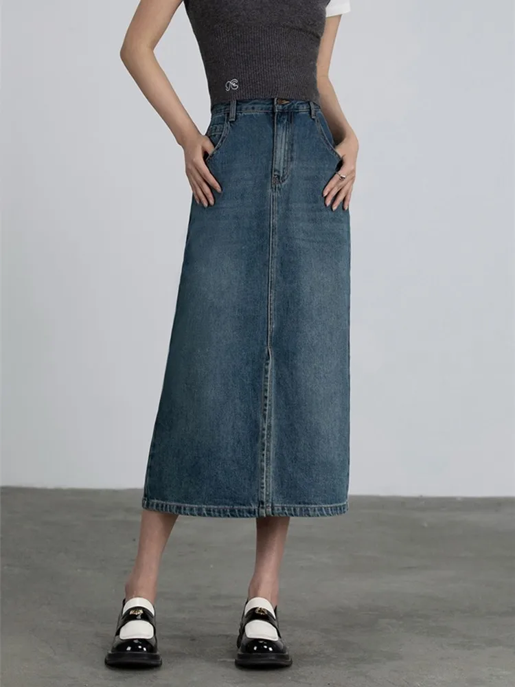 

ZHISILAO New A-line Long Denim Skirt for Women Vintage Classic Blue Split High Waist Skirt Midi Summer 2023
