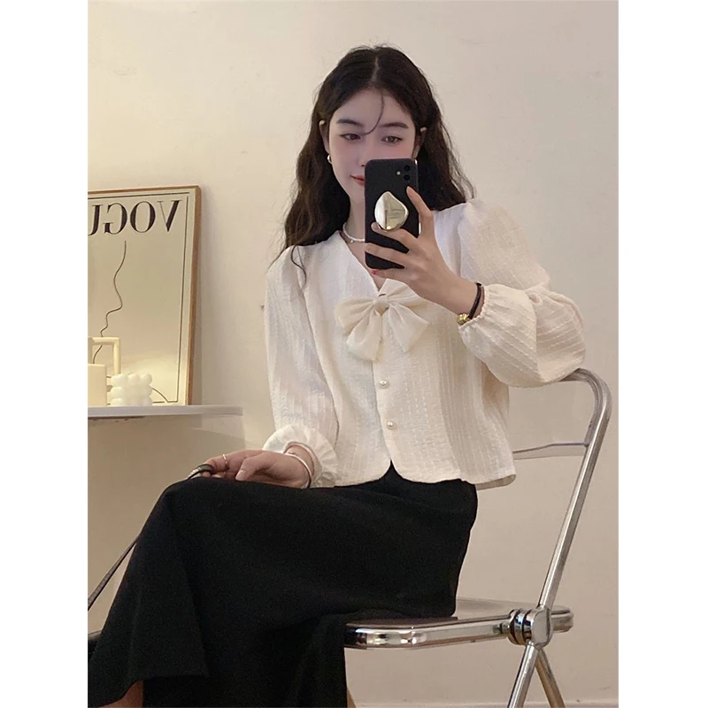 MEXZT S-3Xl Elegant Bow Shirts Women Sweet Pink Puff Long Sleeve Blouses Korean Fashion White V Neck Pearl Buttons Crop Tops New