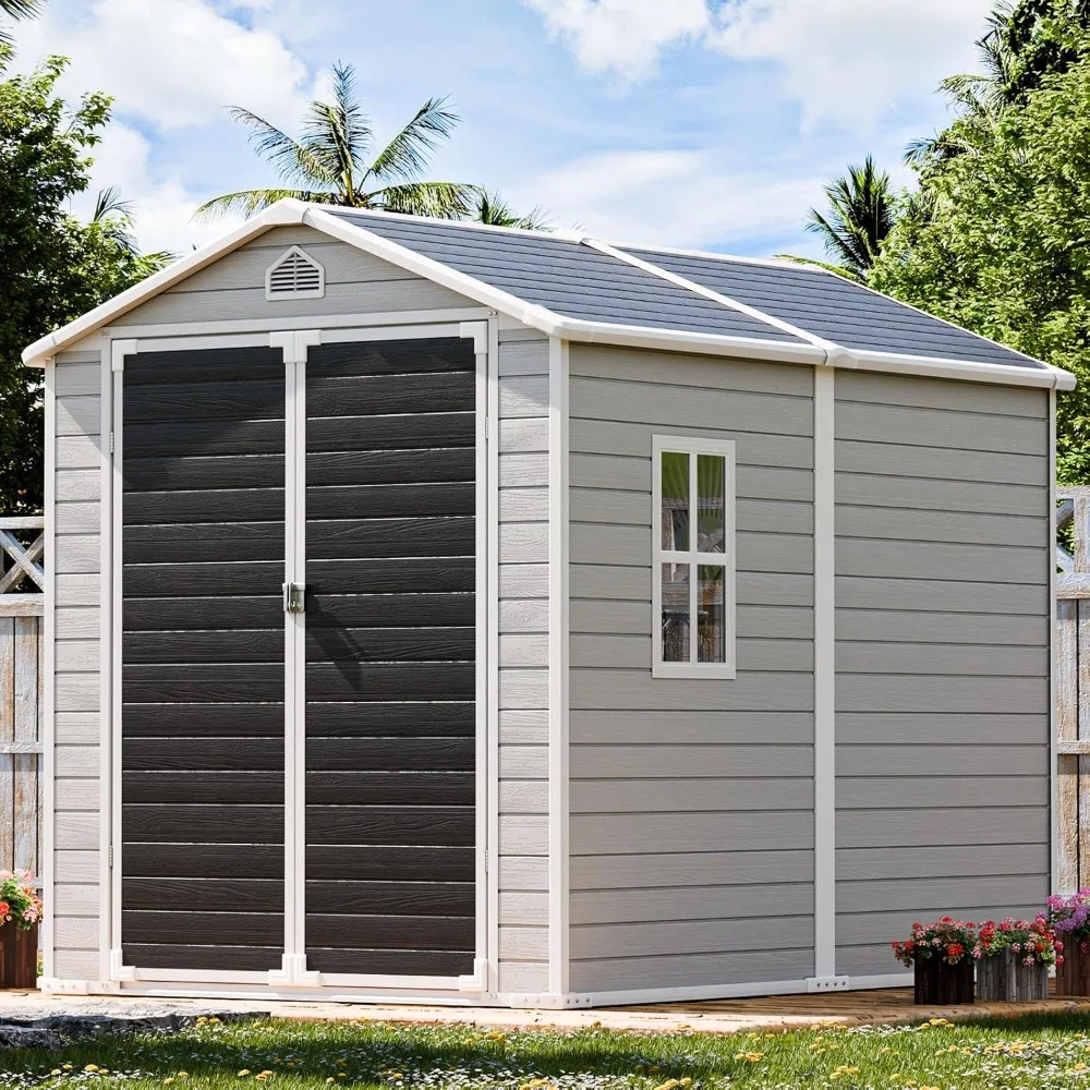 

Outdoor resin storage shed with flooring, 8x6 foot plastic shed kit with lockable door, large waterproof outdoor storage shed