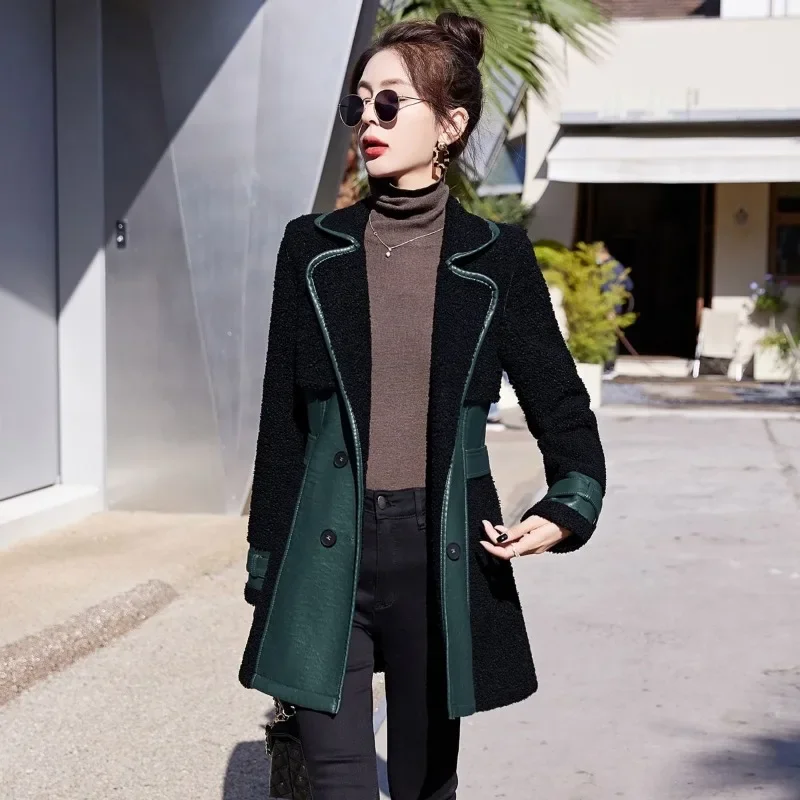 Women Mid-Length Leather Jacket Sheepskin Coat Warm Thick Lambs Wool High-End Slim Fit Female Outcoat Fashion Winter Overwear