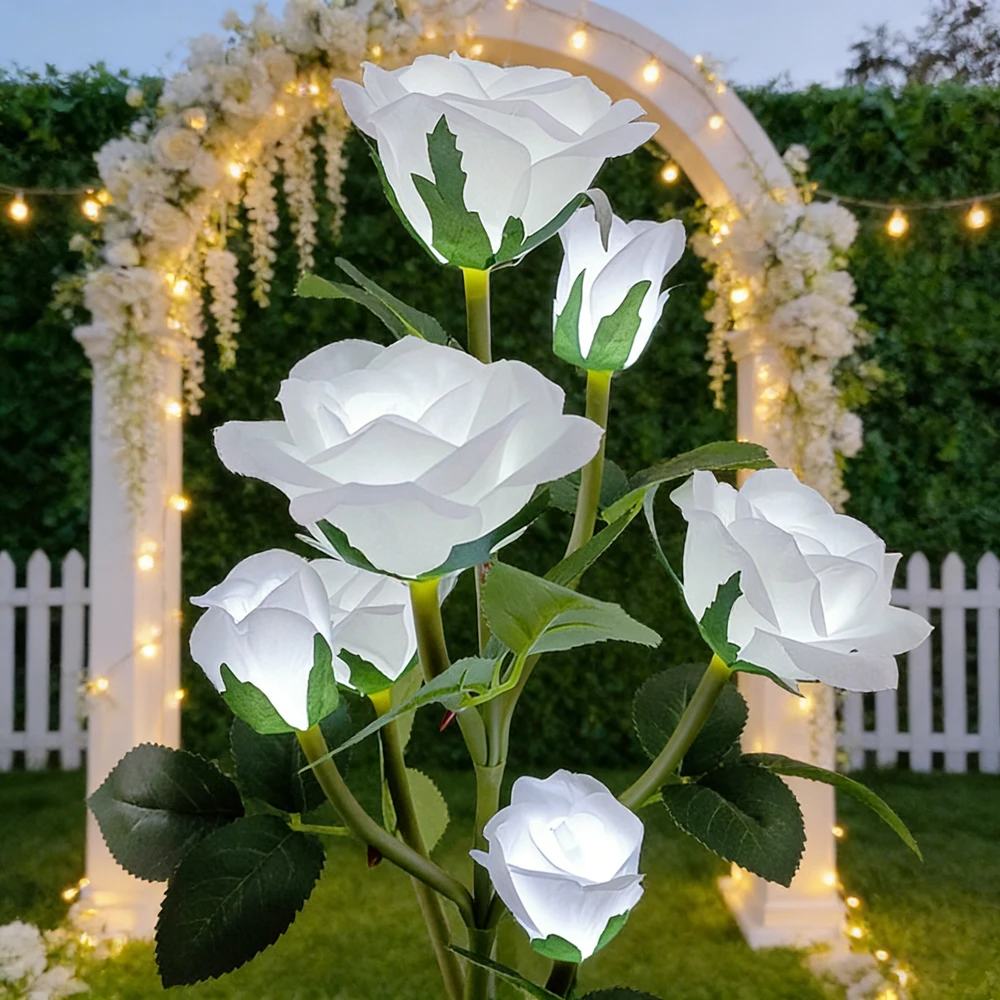 5 Head LED Solar Simulation Rose Flower Solar LED Light Garden Yard Lawn Night Lamp Landscape Garden Wedding Decoration Flowers
