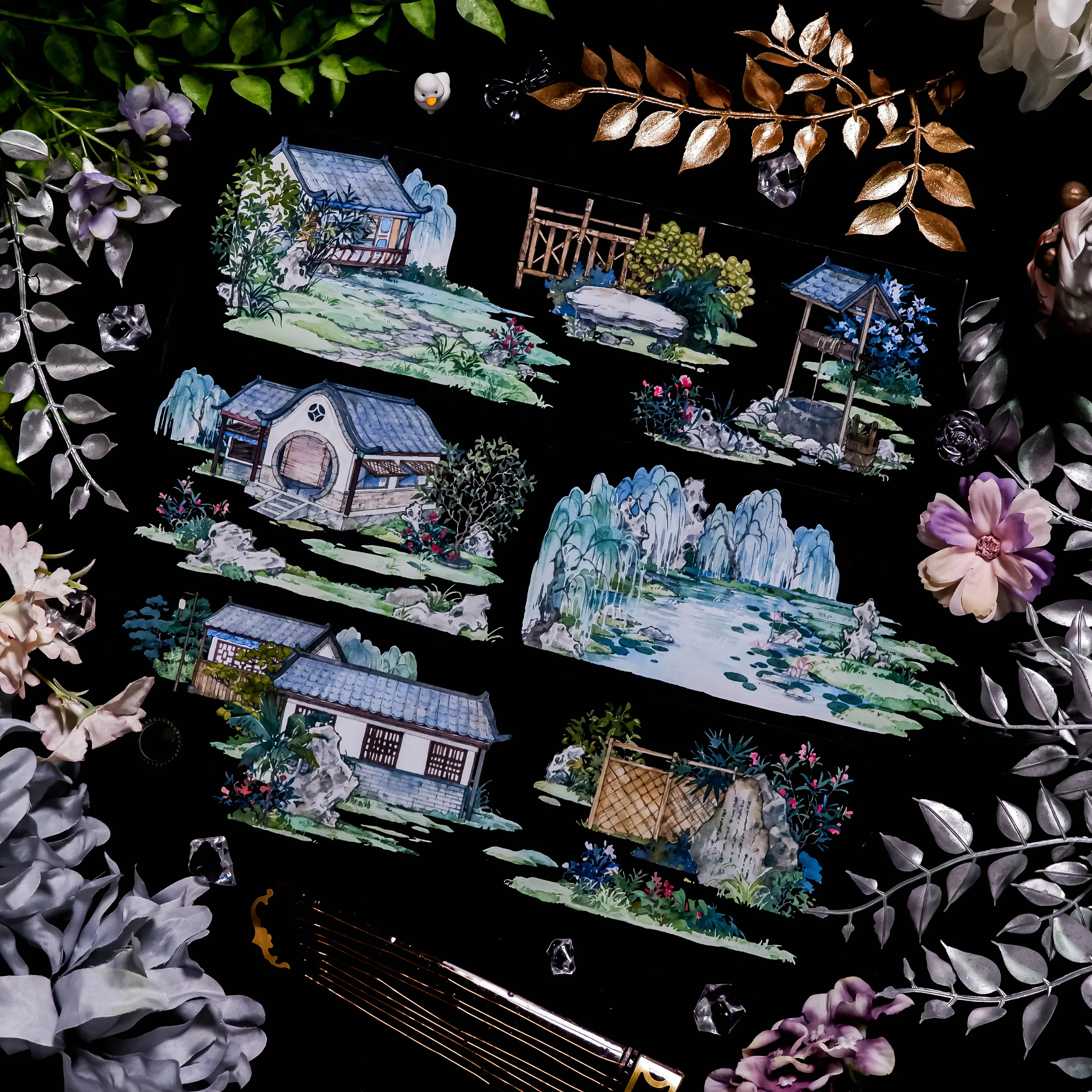 5M Roll Landscape Ancient Garden Chinese Washi Pet Tape Journal Decoration Courtyard Four Seasons,