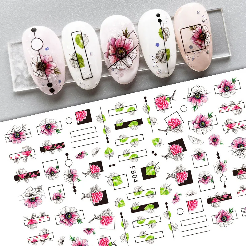 1pc Spring Rose Flowers 3D Nail Stickers Leaves Geometric Lines Design Transfer Sliders Abstract Nail Decals Manicures Stickers