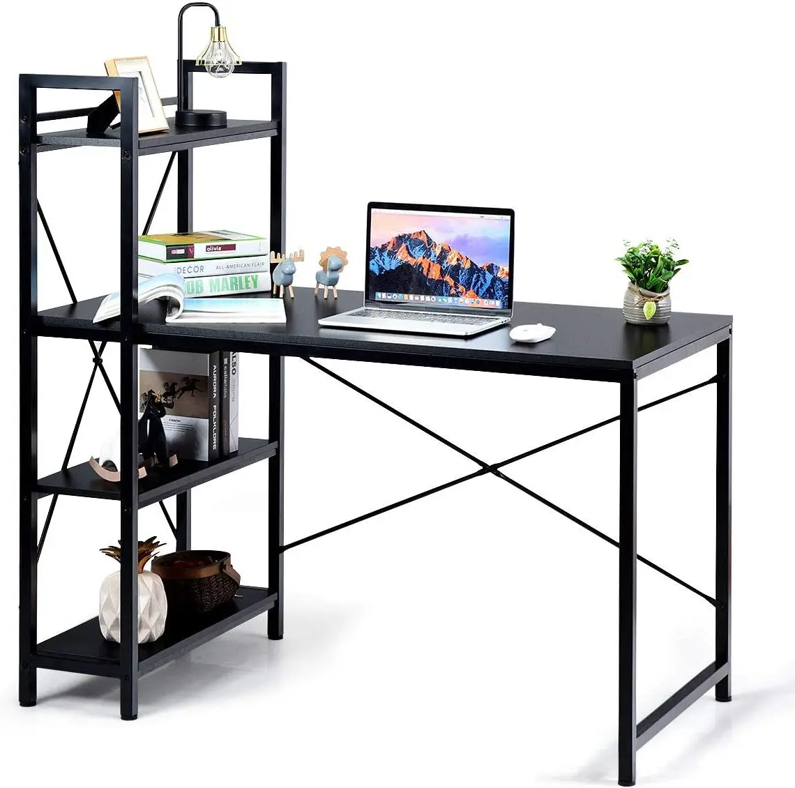 

Computer Desk with 4 Tier Shelves, Study Writing Table with Bookshelves, Modern Compact Home Office Workstation, 47.5" Towe