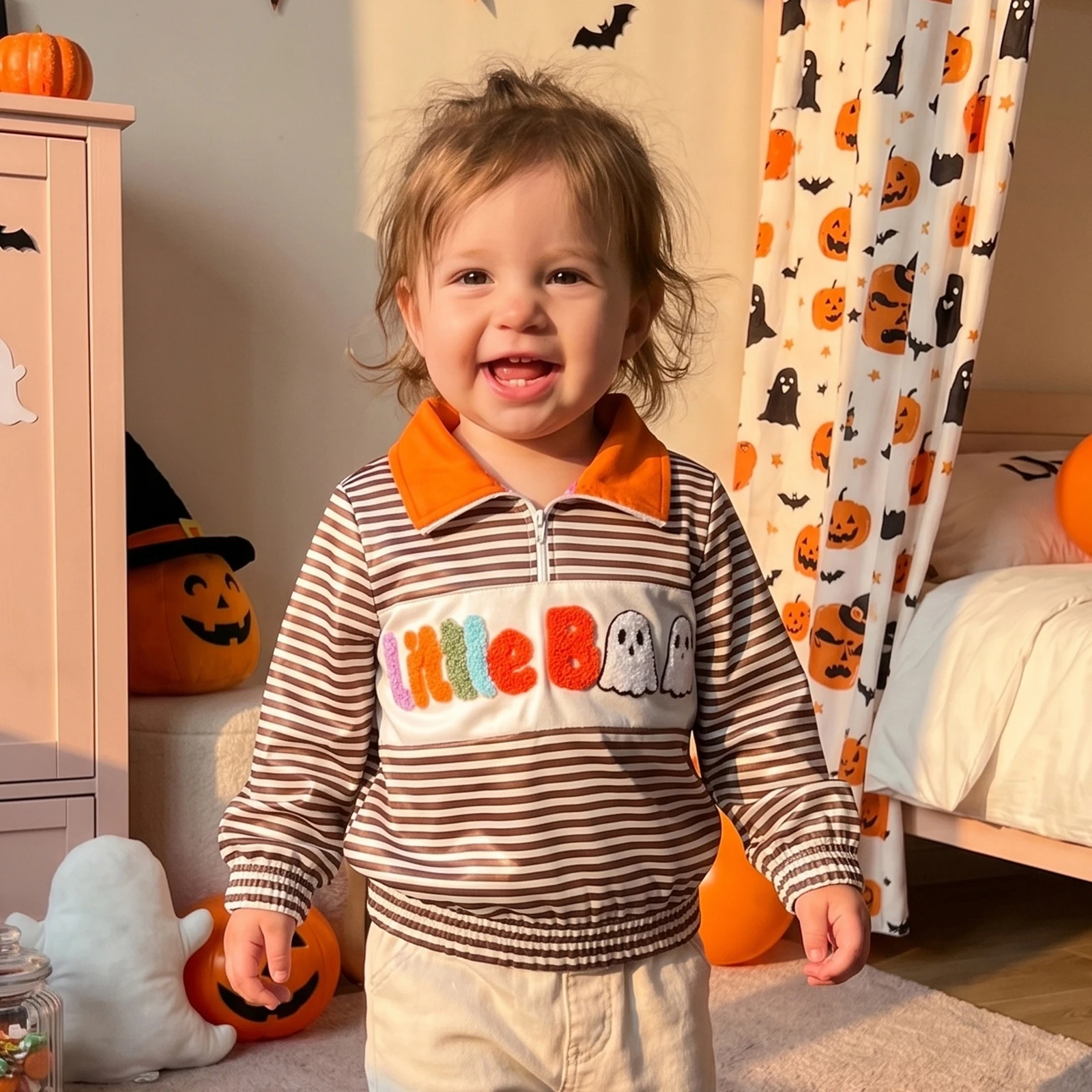 Early Autumn Toddler Baby Halloween Sweatshirt Striped Embroidered Zip-up Mock Neck Long Sleeve Pullover Tops for Winter Fall