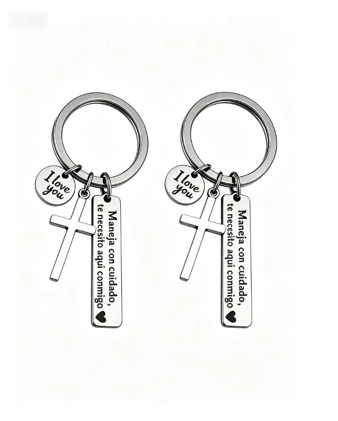 Maneja Con Cuidado Te Necesito Aquí Conmigo Keychain with Cross & 