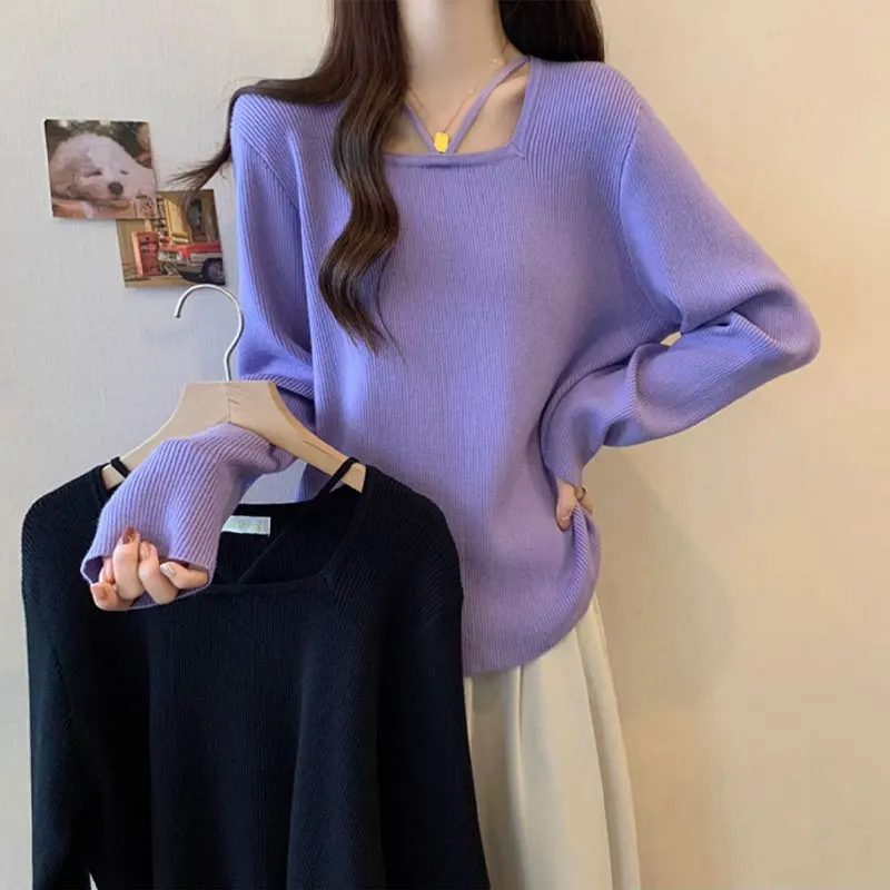 

Autumn Winter Loose Pullovers Casual Square Collar Women's Clothing Commute Fashion Spliced Solid Color Basic Knitted T-shirt