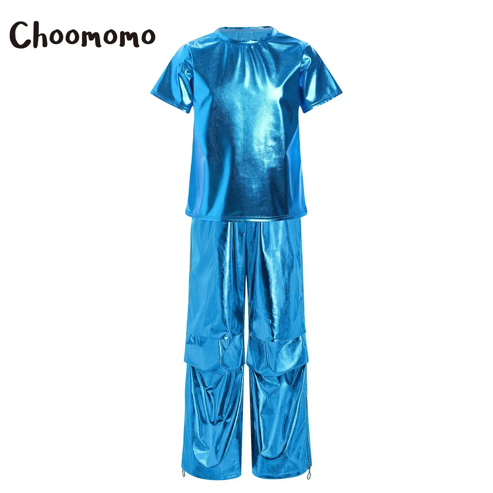 

Kids Dance Party Sets Girls Boys Hip Hop Jazz Street Performance Short Sleeve Round Neck Metallic Shiny T-shirt with Cargo Pants