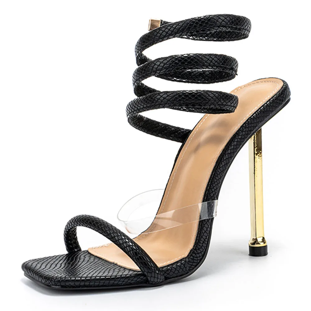 2022 New Style Square Head Open Toe Sexy Serpentine Winding Belt Ultra High Heel Women\'s Sandals Open Toe Shoes women shoes