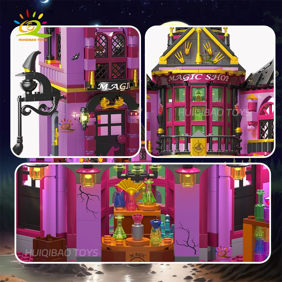 HUIQIBAO Halloween Witch House Wizard Bar Magic Shop Micro Model Building Block City DIY Store Assembly Brick Toys for Children