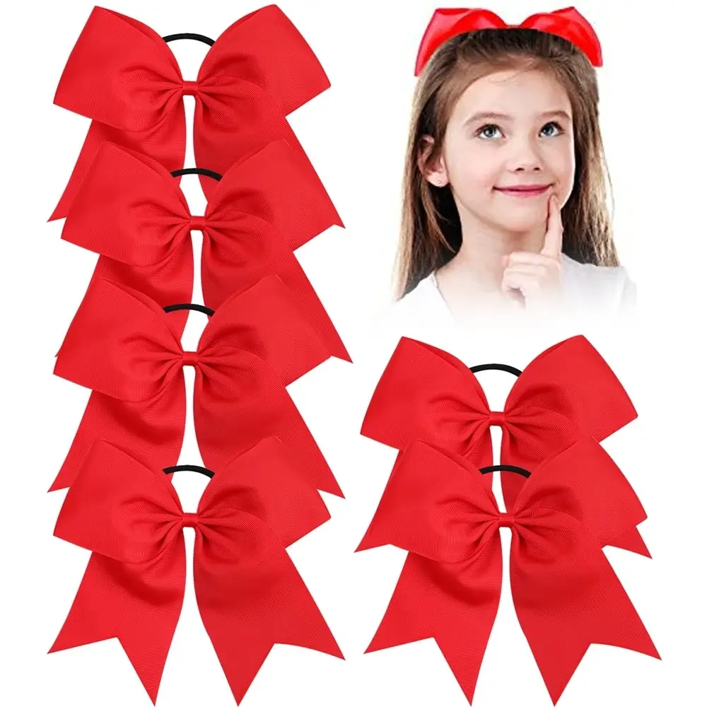 6 PC 8 Inch Large Cheer Bow Hair Tie Ponytail Elastic Band Handmade Boutique Hair Accessories for Cheerleading Teen Girls Sports