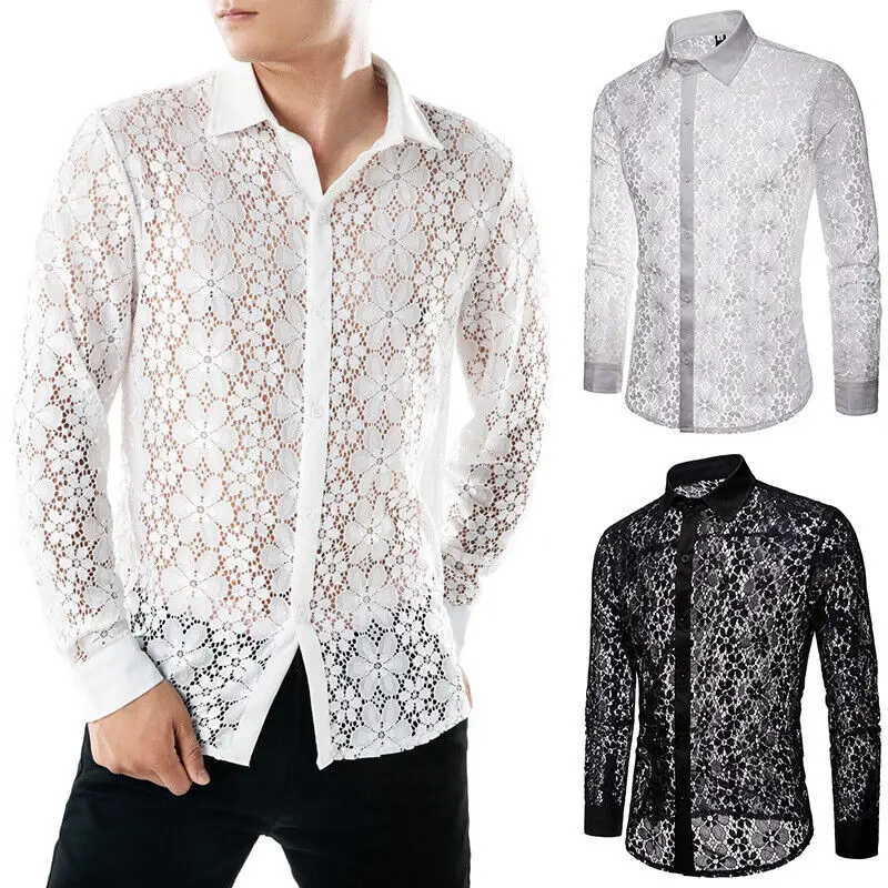 

Men's Crochet Floral Lace Long Sleeve Shirt See-Through Mesh Collared Top