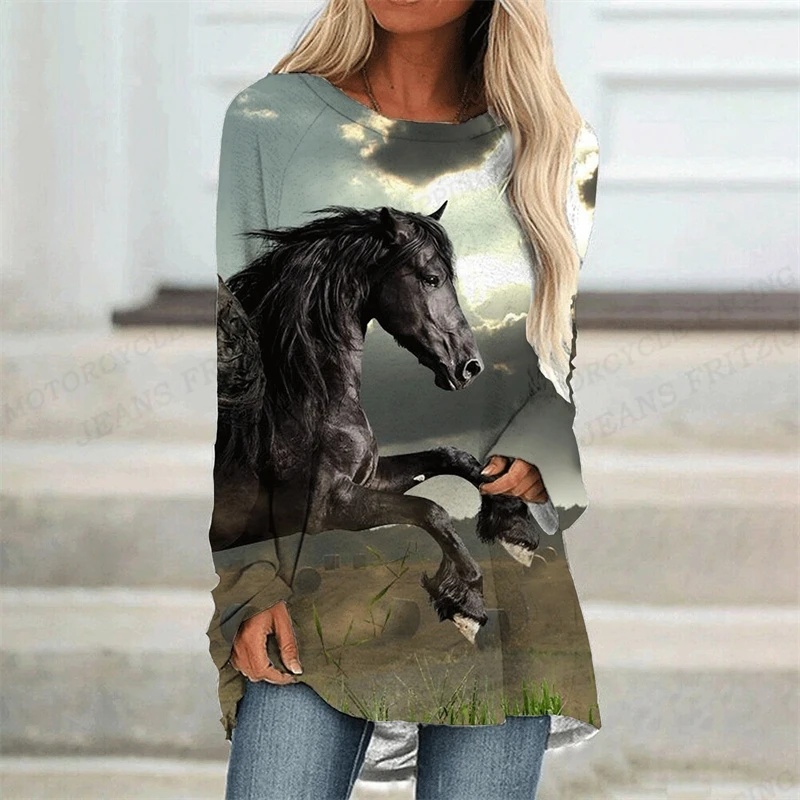 Horse T Shirt Animal 3d Print T-shirt Women Fashion T-shirt Long Sleeve Tops Tees Ladies Tshirt Loose Camisetas Femme